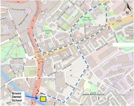 Map showing closure of Avon st/Temple Way junction closure in red; and alternative route via Old Market, Midland Road and Horton Street in blue